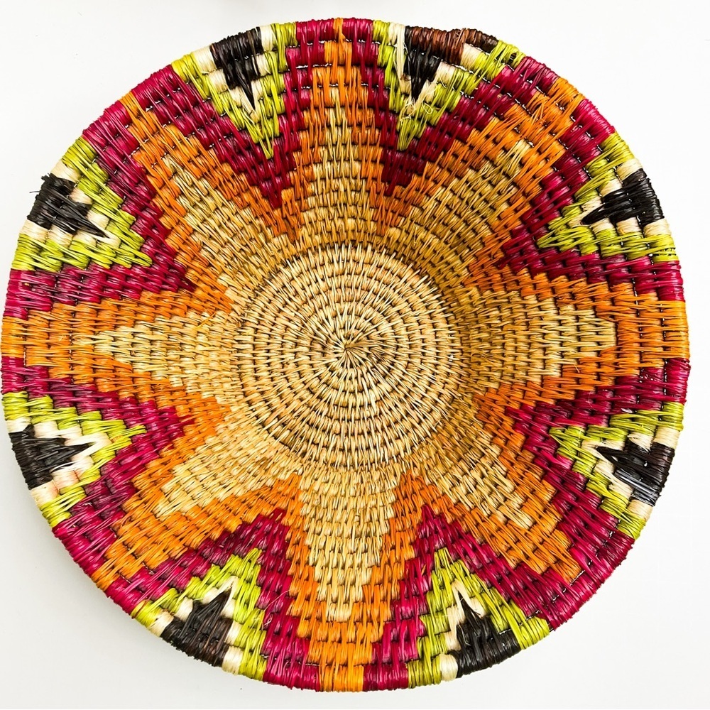 African Woven Bowl Colourful Straw Basket Wall Decor